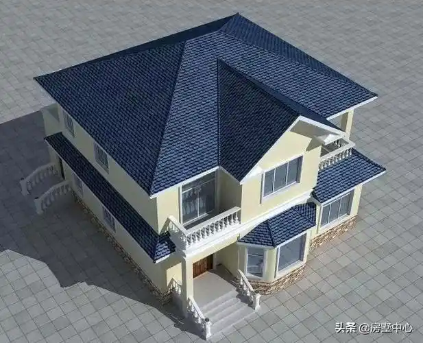 立面采用浅黄色真石漆涂装,与房顶深蓝色搭配,营造出一个温暖的家.