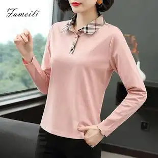 2020年春秋新款 翻领全棉纯棉长袖 小衫 t恤女宽松中年妈妈有领上衣