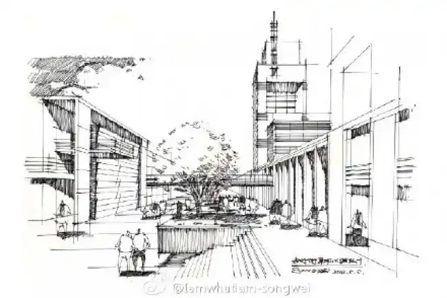 城市建筑步道长廊马克笔建筑效果图手绘教程图片