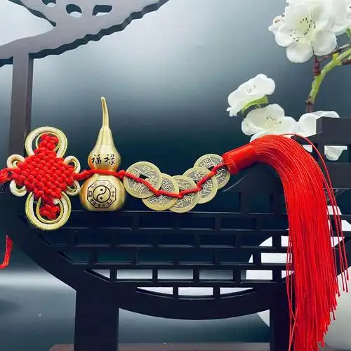 铜葫芦五帝钱八卦铜葫芦金边结招财进宝五帝钱家具化解门对门挂件