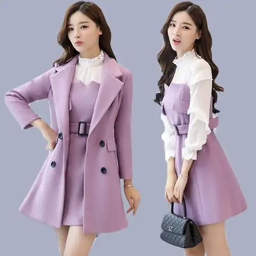 秋冬两件套裙子2019秋装新款女装早秋款初秋洋气毛呢连衣裙套装潮