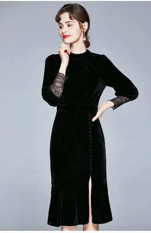 黑色金丝绒连衣裙女秋冬圆领裙子开叉气质显瘦打底鱼尾裙长裙秋款