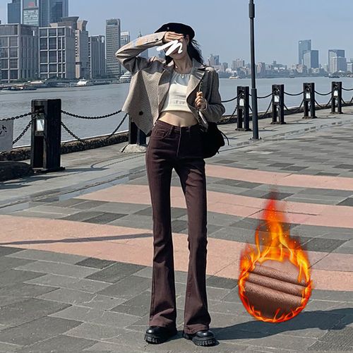 美式复古棕色微喇牛仔裤女加绒加厚冬季2021年高腰显瘦咖啡色裤子