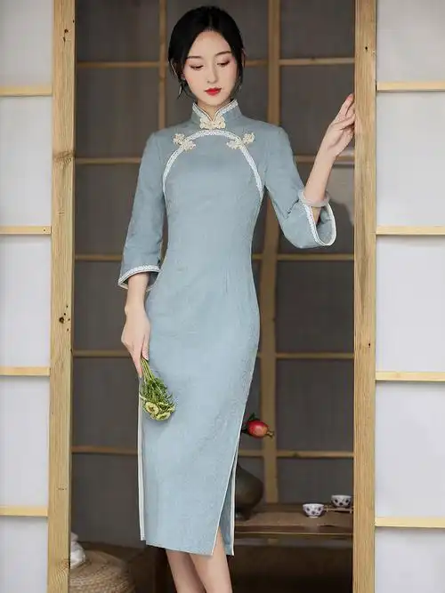 旗袍七分骨祺袖蚀喇叭改良素雅简约2021年蓝色旗袍