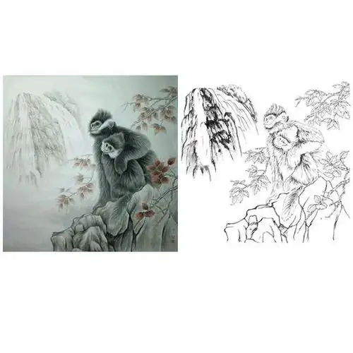 工笔动物白描底稿李保山猴企望斗方小品册页多种白描尺寸可选el27