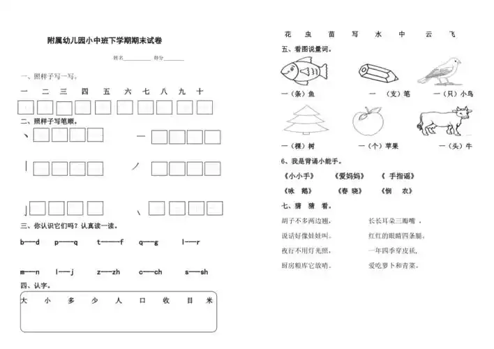 幼儿园小中班语文试卷