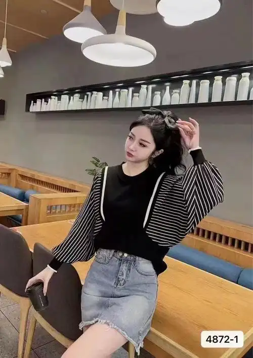 新款蝙蝠衫长袖针织衫初夏条纹打底衫上衣女 - 17网