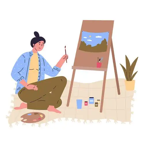 年轻富有创造力的女人正在画架上画画图片