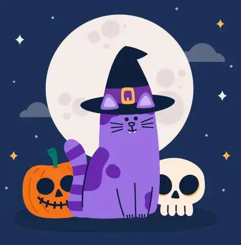 紫色卡通手绘万圣节猫咪矢量素材