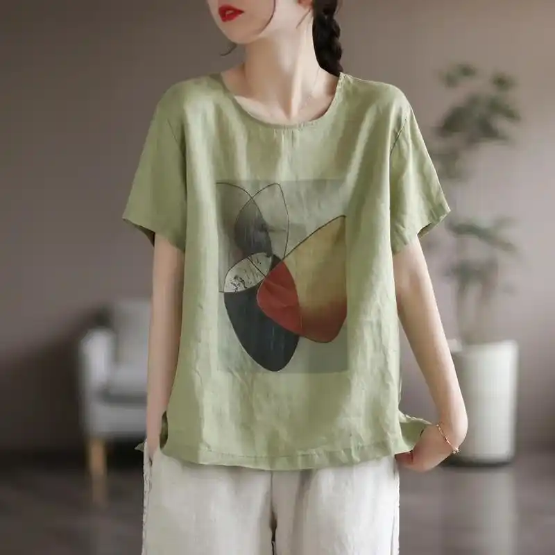 亚麻短袖t恤夏季女装文艺印花上衣宽松显瘦.亚麻短袖t恤夏季女 - 抖音
