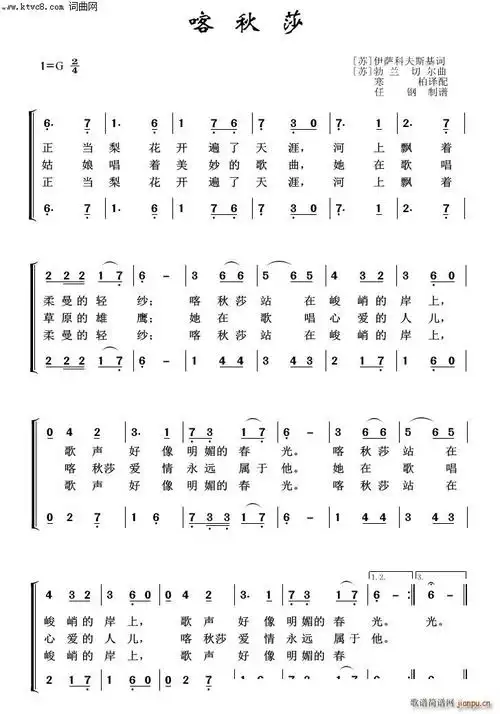 喀秋莎(外国歌曲100首) 歌谱简谱网