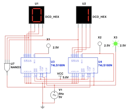 数电实验设计2位58进制计数器的电路图