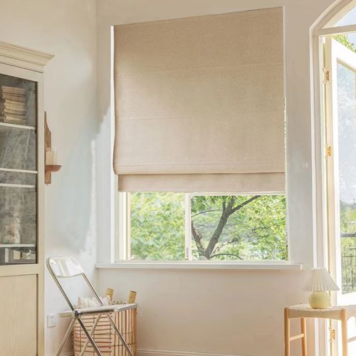 素色棉麻奶油色日式罗马帘升降帘卷帘全遮光卧室书房飘窗窗帘定制