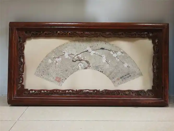 居廉近现代老扇面梅竹图纸本纸裱老框
