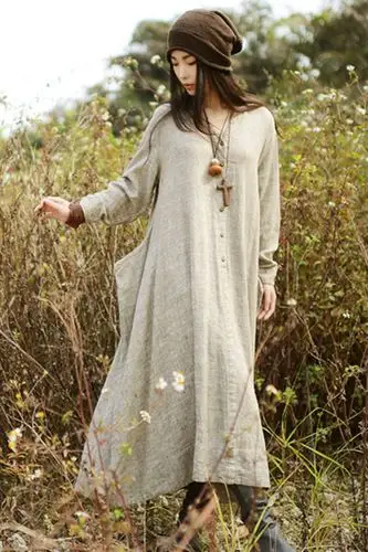 秀布原创棉麻女装长袖连衣裙亚麻长袍复古纯色苎麻长裙文艺袍子