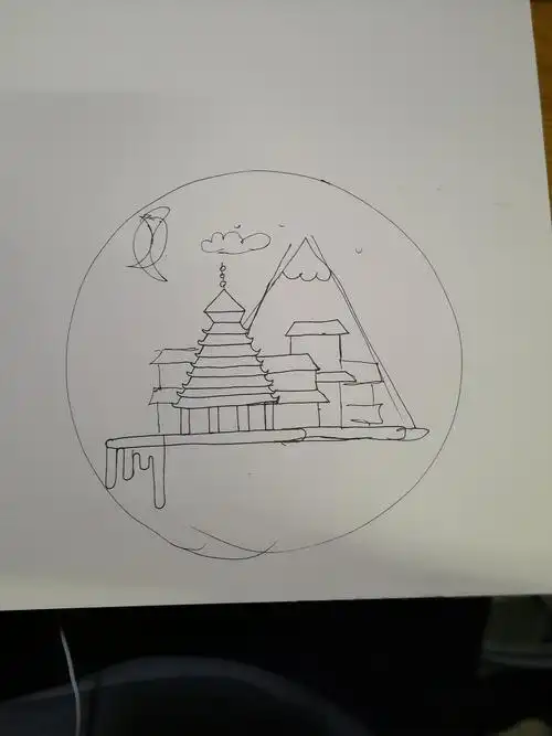 第二幅插画草图, br>这幅插画 用的元素是鼓楼和侗寨. br>