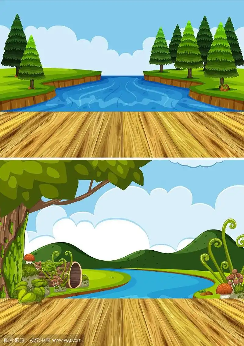 有河流和树木的两个背景场景