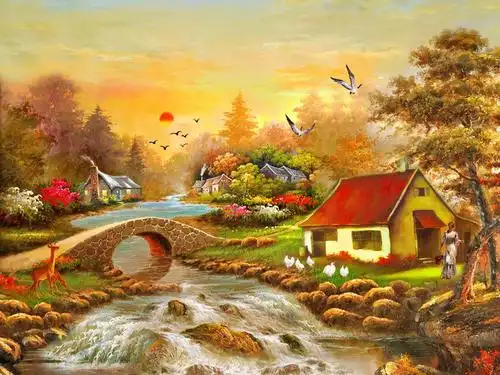 美丽的山水田园油画