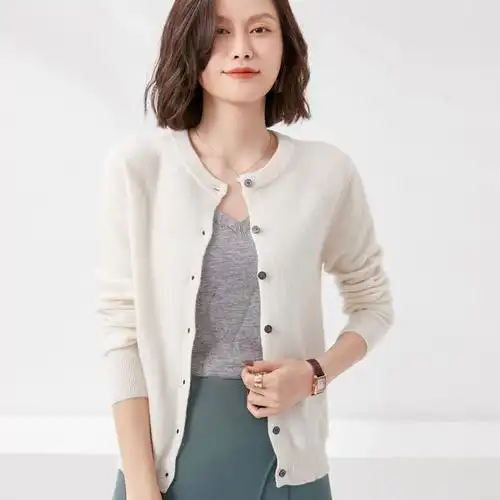 雪米贝奴100%羊毛开衫毛衣女圆领春秋韩版单排扣宽松针织外搭薄款外套