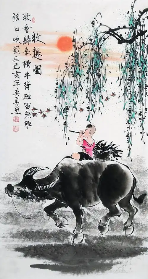 手绘招财牧牛图三三尺竖版国画牧童吹笛童子国画