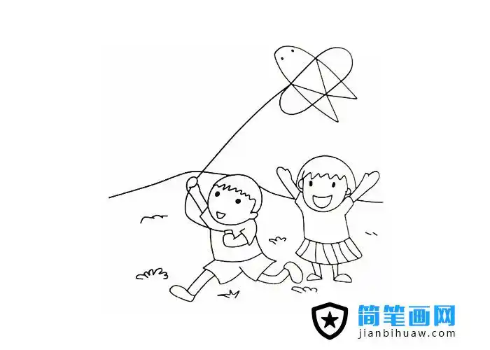 小朋友户外放风筝的简笔画图片