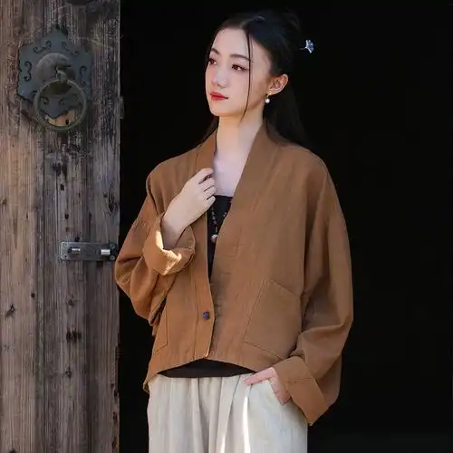 春棉麻女装短外套苎麻砂洗做旧衬衫上衣女文艺复古拼色盘扣短开衫