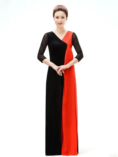 成人合唱服长裙中老年丝绒红歌合唱演出服装主持人晚礼服定制新款