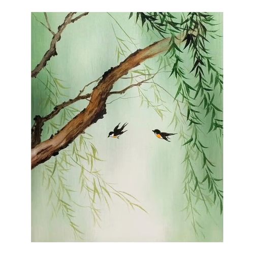 双飞燕子手绘油画客厅春天绿色柳树枝国画新中式装饰挂画 燕子柳树图