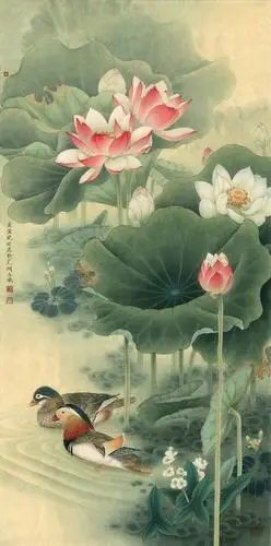 [国画高清大图]0017_李晓明工笔画荷花高清图jpg-荷塘鸳鸯图_7795x