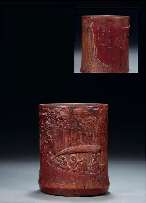 清朱文右制竹雕赤壁夜游笔筒