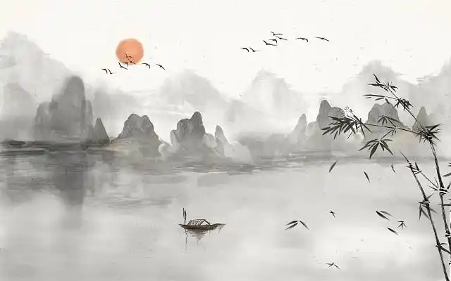 古风水墨新中式水彩中式山水复古竹子手绘卡通插画海报