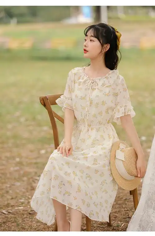 意爱衫夏天小清新碎花连衣裙少女夏装2022新款初中高中学生初恋雪纺中