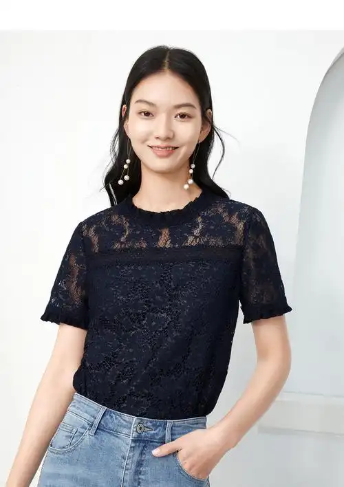 juzui玖姿夏季新款纯色细闪镂空轻盈气质上衣时尚女蕾丝小衫丈青2xl
