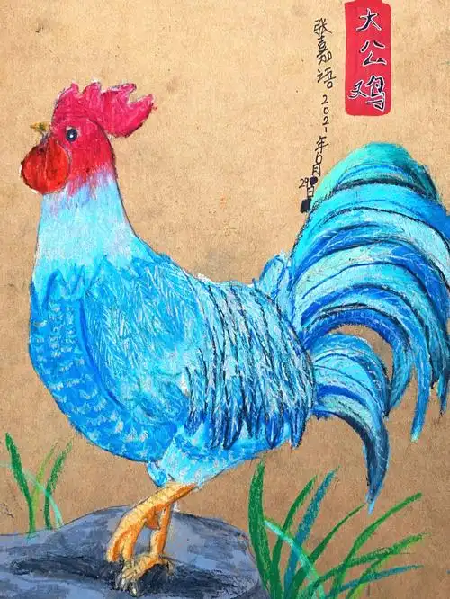 儿童绘画大公鸡油画棒画渐变色运用