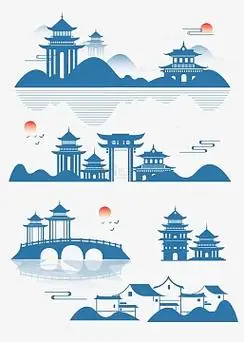 中国风古代建筑阁楼庭院寺庙剪影插画