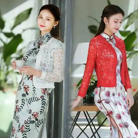 旗袍裙子夏季配蕾丝短款百搭薄款披肩外搭上衣外套防晒镂空衣开衫