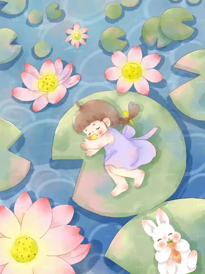治愈系插画|夏天和荷花最配哦 懒洋洋的躺在荷叶上,不知不觉进入了