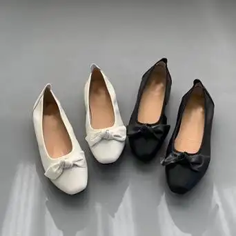 欧美外贸原单尾单牛皮真皮女鞋舒服跳舞鞋平底蝴蝶结套脚圆头单鞋