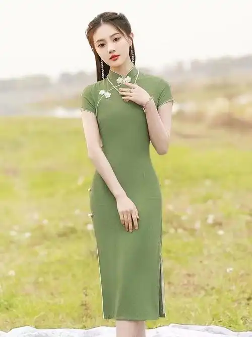 高档绿色旗袍气质优雅年轻夏季小清新文艺新中式传统中国风连衣裙