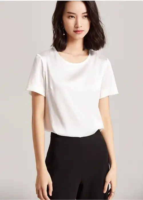 真丝上衣女t恤半袖2018新款夏装100%桑蚕丝圆领白色t恤女宽松短袖