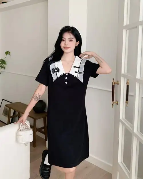 2023大码女装韩版简约拼色优雅翻领连衣裙胖mm百搭连衣裙