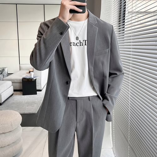 男垂感外套潮流痞帅微宽松西服搭配修身西裤一套装潮 灰色 单件西装 m