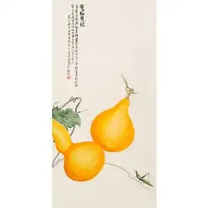 崔清湖《双福双禄》工笔手绘葫芦草虫竖幅国画原稿阿里拍卖 茶室