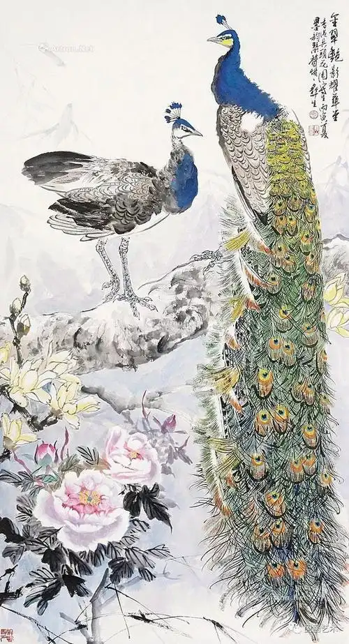 金翠屏开春富贵伍彝生孔雀国画欣赏