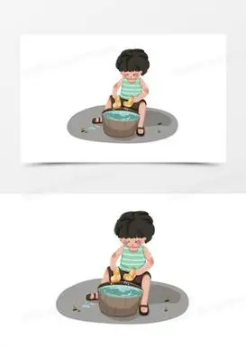 卡通小男孩搞卫生洗袜子素材