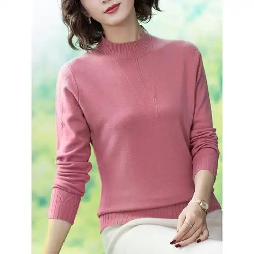 恒源祥粉色毛衣女2020春秋女士套头半高领羊毛衫绞花长袖毛针织衫