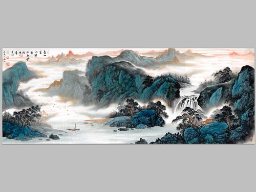 春山浮水源远流长国画山水横幅客厅办公装饰画芯高清宣纸微喷打印