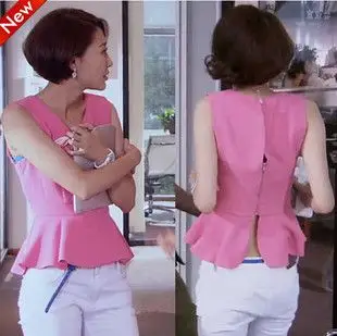 幸福从天而降同款刘涛马梓涵江天晴江天蓝纯色荷叶边无袖背心上衣 &