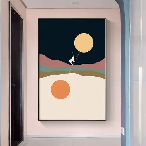 北欧风格玄关趣味猫装饰画日式简约和风餐厅墙面挂画日月饭厅网红