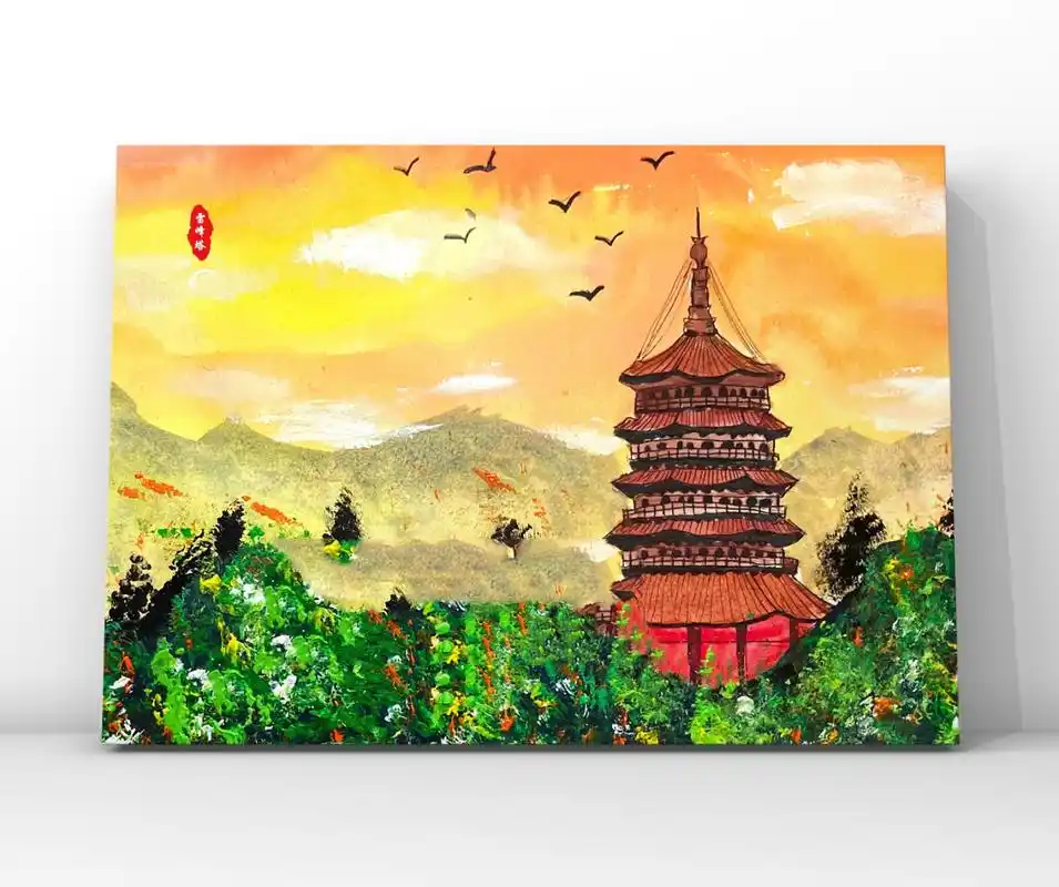 创意美术——雷峰塔 8-12岁,风景画,创意线描,写生风景